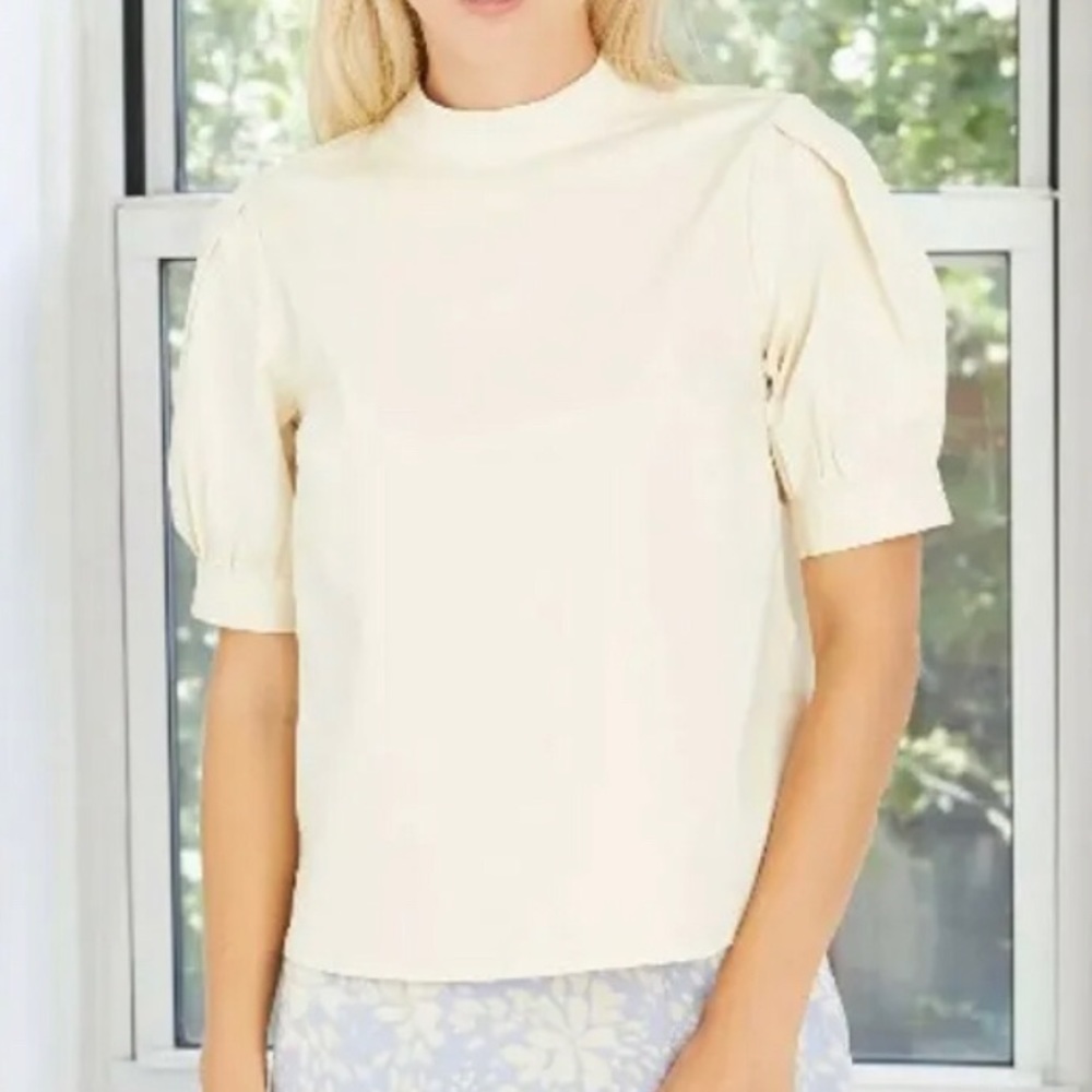 NWT Who What Wear™ Button Detail Puff 3/4 Sleeve Denim Blouse Size XXL- Beige